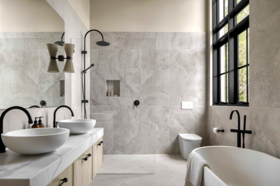 Contemporary bathroom renovation with matte black fixtures — Laniworks Construction North Vancouver